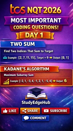 TCS NQT 2026 Most Important Coding Questions | Day 1 🚀 Two Sum + Kadane’s Algorithm | Must Practice