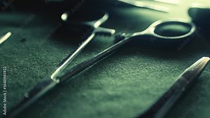 Surgical medical instruments laid out on green linen CLOSE-UP slide reveal