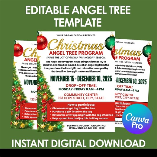 Christmas Angel Tree Program Flyer Template | Editable Holiday Charity Flyer | Canva Design - Etsy
