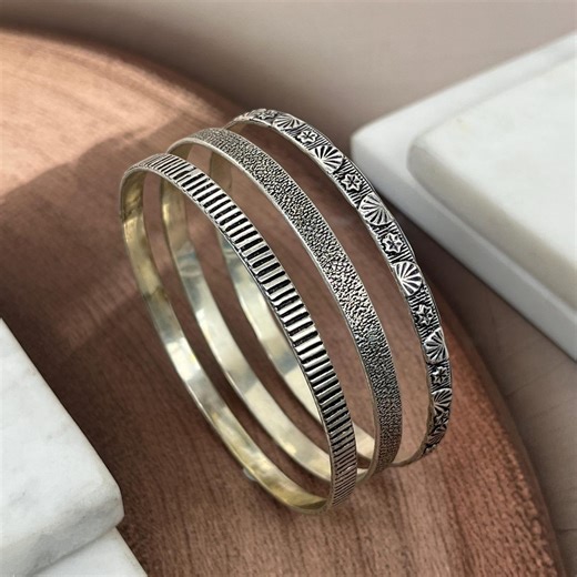 Set of 3 Sterling Silver Bangles | Textured Stackable Bracelets, Boho Everyday Jewelry - Etsy