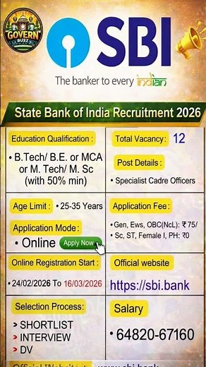 SBI Recruitment 2026 🔥 | Salary 67,000+ | Apply Online 12 Vacancy #governbuzz