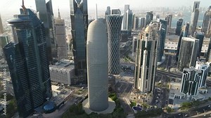 Aerial view of Doha Tower (also known as Burj Doha), West Bay, Doha, Qatar