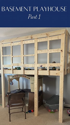 🏡 Basement Playhouse Part 1! Can you start to see it??? To be honest, this idea came about on a total whim. My husband and I were watching some baseball in the basement, and I started looking at this wall in the basement and decided that a playhouse would be so cool there! My kids are 3.5 and 1.5 and as you can see in the video, they are pretty amped to have a new playhouse! The length of the playhouse is 10 feet, and the width is 44”. Our ceiling here is 8’. The rest? I’ve pretty much been win