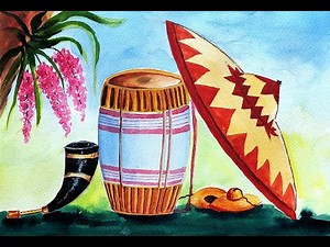 Bihu instruments painting with watercolor easy step by step | Assamese Bihu Drawing