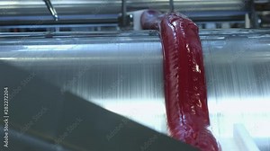 Manufacture of caramel candies. making lollypop. Production of caramel sweets. Lollipops on the production line. Long caramel mass.