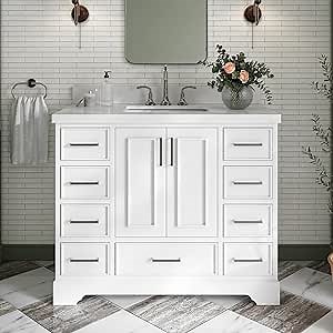 ARIEL Stafford 43 Inch Bathroom Vanity with Single Sink, White Bathroom Vanity, Solid Wood Vanity Base Cabinet, White Quartz Top 1.5-Inch Edge, Rectangular Sink, 2 Soft Closing Doors, 9 Drawers