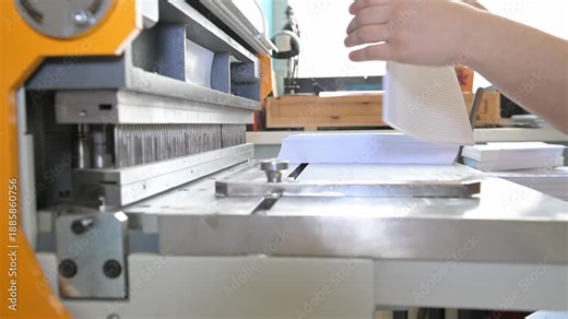 Women's hands in the printing house work at the machine, making holes in the paper to insert the spring for the notebook. Production of calendars and brochures