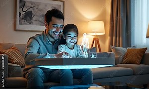 Parent and child using AI-based app for homeschooling, engaging with educational interface in a comfortable home environment. Generated with AI Stock Video