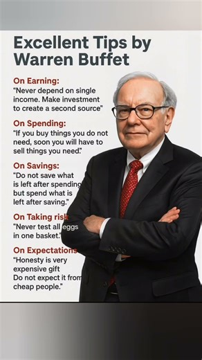 Warren Buffett’s money rules: earn smart, spend wisely, save first, diversify risk, value honesty.