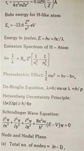 All formulas from structure of atom 11th class chemistry.