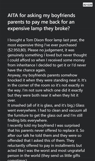 14K views · 13 reactions | AITA for  asking my boyfriends parents to pay  me back for an expensive lamp they broke? | Reddit Story Chest | Facebook