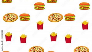 Fast Food Animation falling from the sky with a blue screen for keying. 4k burger, fries, and pizza animation