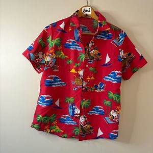 Red Casual Button Down Shirt Holiday Summer Santa Tropical Patterns mens M