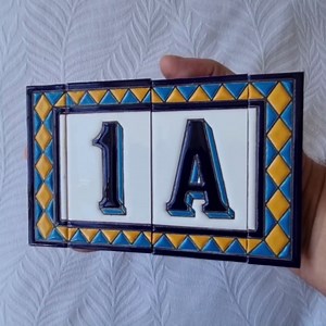 House Numbers Ceramic Tiles, Letters & Frames, Spanish Orange & Blue Design, Tile Size: 11cmH x 6cmW, Number Frame Size: 2 to 13 Tile (Letter F)