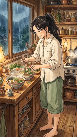 She Cooks in the Rain Alone 🌧️ #ghibli #rainydays #asmrcooking
