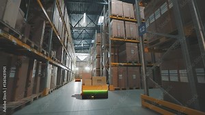 Autonomous mobile robots transport products in a large modern factory. Automated warehouse. Futuristic Warehouse Concept. AI robots for order picking. Inventory & Warehouse Management