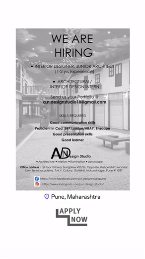 Architecture | Interior | BIM Jobs & Interships In Pune on Instagram: "📍Location - Mukund Nagar, Pune ♻️Follow us for daily hiring Jobs!! ✔️Firm Name - @a.n.design_studio 🌐Contact Details mentioned in the post ✅Save For Later💯 . . . Follow @archi_jobs_pune to get a daily job hiring post!! . . . #Job #pune #Intern #punearchitects #puneinteriordesigners hiringarchitects home architecture punejobs architect hiring archijobs archijobspune Job, Pune, Intern, Hiring, Architect, Architecture, Interi