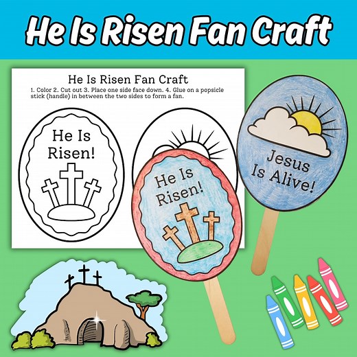 He is Risen Fan Craft for Kids Sunday School Bible Lesson, the Resurrection of Jesus Easter Sunday Printable Christian Church Craft Activity - Etsy
