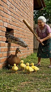 Grandma saves ducks 🦆 family from fish python 😂 #reelschallenge #carefulchallenge #impossible #wildlife #smartanimals #natural | FoodieZ