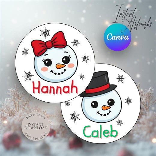 Editable Christmas Name Tags | Snowman Gift Stickers Template | Personalized Holiday Labels for Kids | Cute Canva Printable Tags (2.5") - Etsy UK