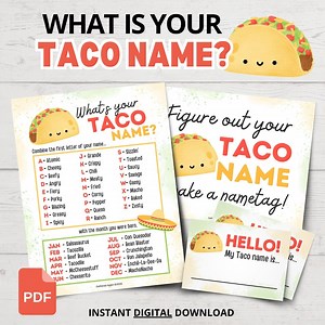 What's Your Taco Name? | Printable Taco Name Game | Funny Taco Party Games | Taco Tuesday Party Games | Taco Theme Party Ideas | Taco Night - Etsy