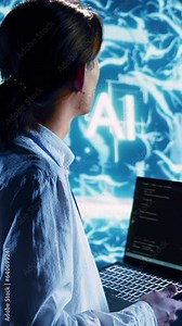 Vertical video Computer operator in data center running programming scripts on laptop, solving tasks. Qualified expert manipulating lines of code for artificial intelligence applications development