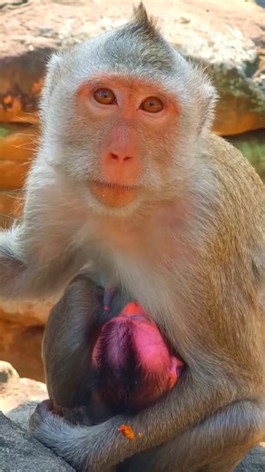 Baby monkey is happy to breastfeed. | Sakura Monkey