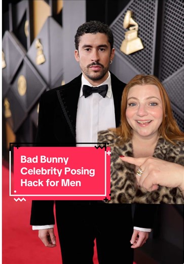 BAD BUNNY CELEBRITY POSING HACK | Posing for photos in a masculine style? Try out this posing hack Bad Bunny did at the 2026 Grammy Awards… THE ISSUE: Most men will pose with their toes parallel to their hips and both feet planted flat. However, when we pose for photos we’re taking a 3d moving human and flattening them into a 2D still image. So body language that may look completely normal in real life end up looking stiff and awkward THE SOLUTION: Turn one or both of your feet out slightly. Thi