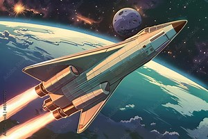 Illustration of a space shuttle launching into space, with Earth and a distant moon in the background, under a star-filled sky.