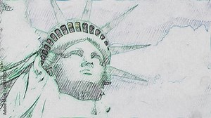 Statue of Liberty hand made pen drawing stop motion cartoon seamless loop animation background - new quality national pride colorful joyful video footage