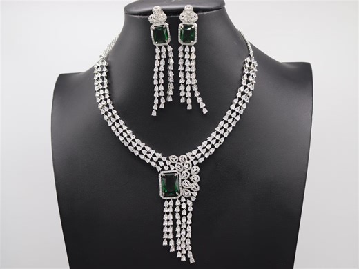 Emerald Green CZ Necklace Set, Silver Bridal Jewelry, Crystal Drop Earrings for Wedding Prom - Etsy