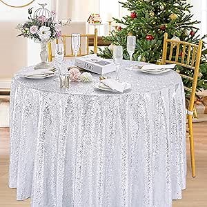 B-COOL 90 Inch Round Tablecloth Silver Sequin Table Cloth Glitter Table Cover for Holiday Banquet Dining Wedding Party Decoration