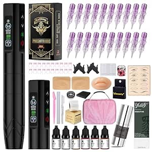 Eyebrow Tattoo Gun Microblading Kit Wireless Rotary Tattoo Pen Machine with Digital LED Display and 2Pcs 500 mAh Battery 20Pcs Needles for Beginners Artists Microblading Supplies (Black)