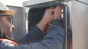 Setting up equipment at a transformer substation. Construction of a transformer substation