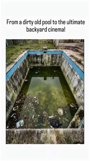 wowmemes_s on Instagram: "The video captures a 26-second time-lapse renovation of an algae-choked, abandoned backyard pool into a sunken outdoor cinema, featuring white-coated walls, teak decking, modular gray sofas, string lights, and a nighttime projector setup, which has exploded to over 7 million views in 24 hours. Replies overwhelmingly focus on rain vulnerability, with users joking about inevitable flooding—echoed by the author's own quip, "The cinema is going to sink"—highlighting a commo