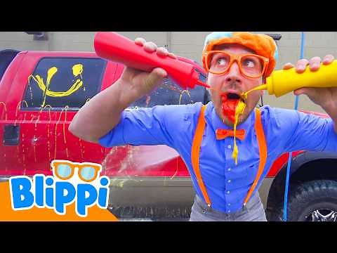 Car Wash with Blippi | Washing the Big Red Truck and Monster Trucks! | Blippi Toys