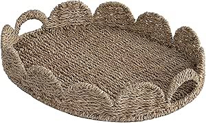 StorageWorks Scalloped Edge Wicker Serving Tray, Woven Rattan Table Trays with Handle, Wicker Tray for Room Décor, Seagrass Tray for Ottoman, Scalloped Organizer Trays