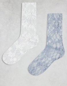 Reclaimed Vintage mesh floral ankle socks 2 pack in white and blue | ASOS
