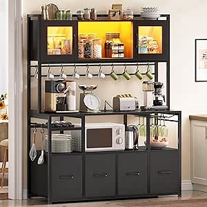 Itaar Bakers Rack with Power Outlet and LED Light, 47.2'' Microwave Stand with Storage, Kitchen Coffee Bar Cabinet with Glass Door, 4 Drawer, Wine Rack, Goblet Holder and 12 Hooks, Black