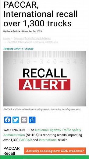 PACCAR, International recall over 1,300 trucks