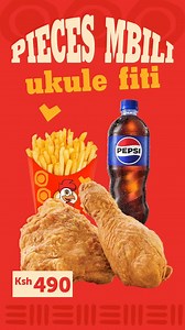 Hii month hakuna story mob. Pieces za chicken ni mbili, ongezea chipo na unapata soda pia. For only KSH 490, get 2 pieces of chicken, regular chips and a 500ML Pepsi. #InnaHappen #InnTheMoment #LuvDatChicken | Chicken Inn Kenya