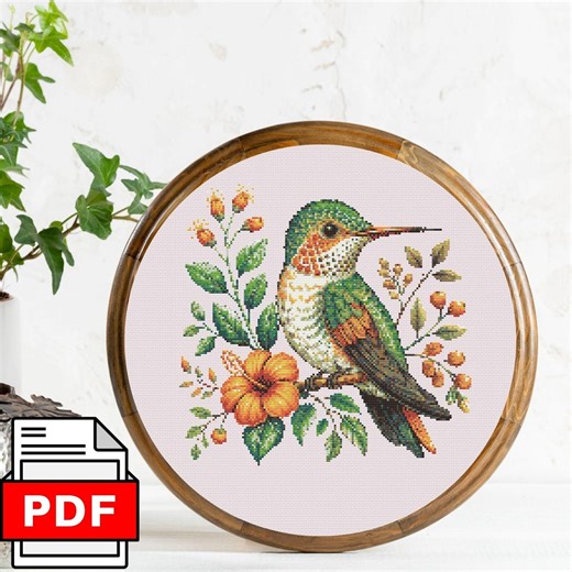 Hummingbird Floral Cross Stitch Pattern, Colorful Bird Nature Embroidery PDF - Etsy