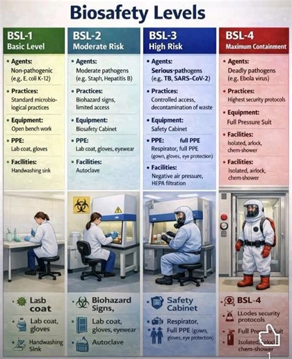 Vivek Kumar Sahu on Instagram: "Different Biosafety levels explained. @microbiologynotes . . . . . . #biosafetycabinet #biotechnology #microbiologylab #biology #biología"