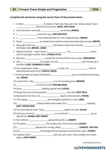 B1 Present Simple vs Progressive worksheet