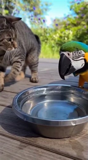 Parrot Surprise Attack Startles Cat at Water Bowl