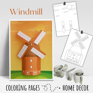 2D Windmill Coloring Pages | Holland Home Decor | Printable Painting Activity | Cut and Create |fun Arts Crafts Activity for Kids - Etsy UK