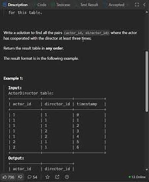 leetcode 1050 | Actors and Directors Who Cooperated At Least Three Times| SQL query