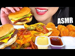 ASMR Cheesy Fries, Spicy Fried Chicken Nuggets, Bacon Cheeseburger (NO TALKING EATING SOUNDS)