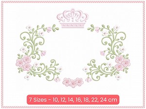 Royal Floral Frame Embroidery Design – Elegant Crown & Blossoms – 7 Sizes (10–24 Cm) – Machine Embroidery Pattern - Etsy