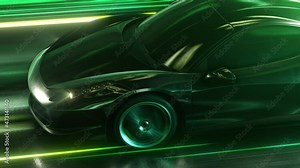 Dark Sports Car Driving Fast on Highway With lights trails and Reflects. 3D animation shot